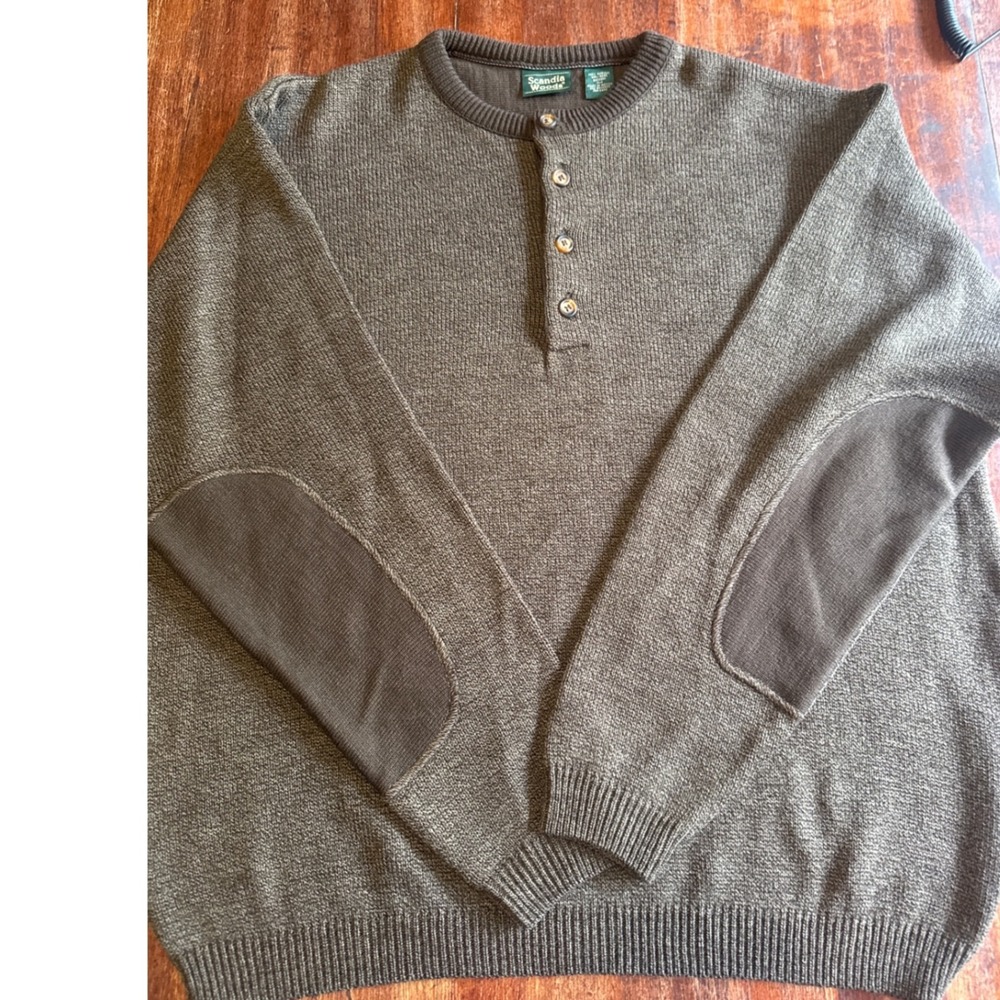 Scandia Woods Mens XL Brown Marled Henley Sweater Elbow Patches MSW-944 - Picture 2 of 11